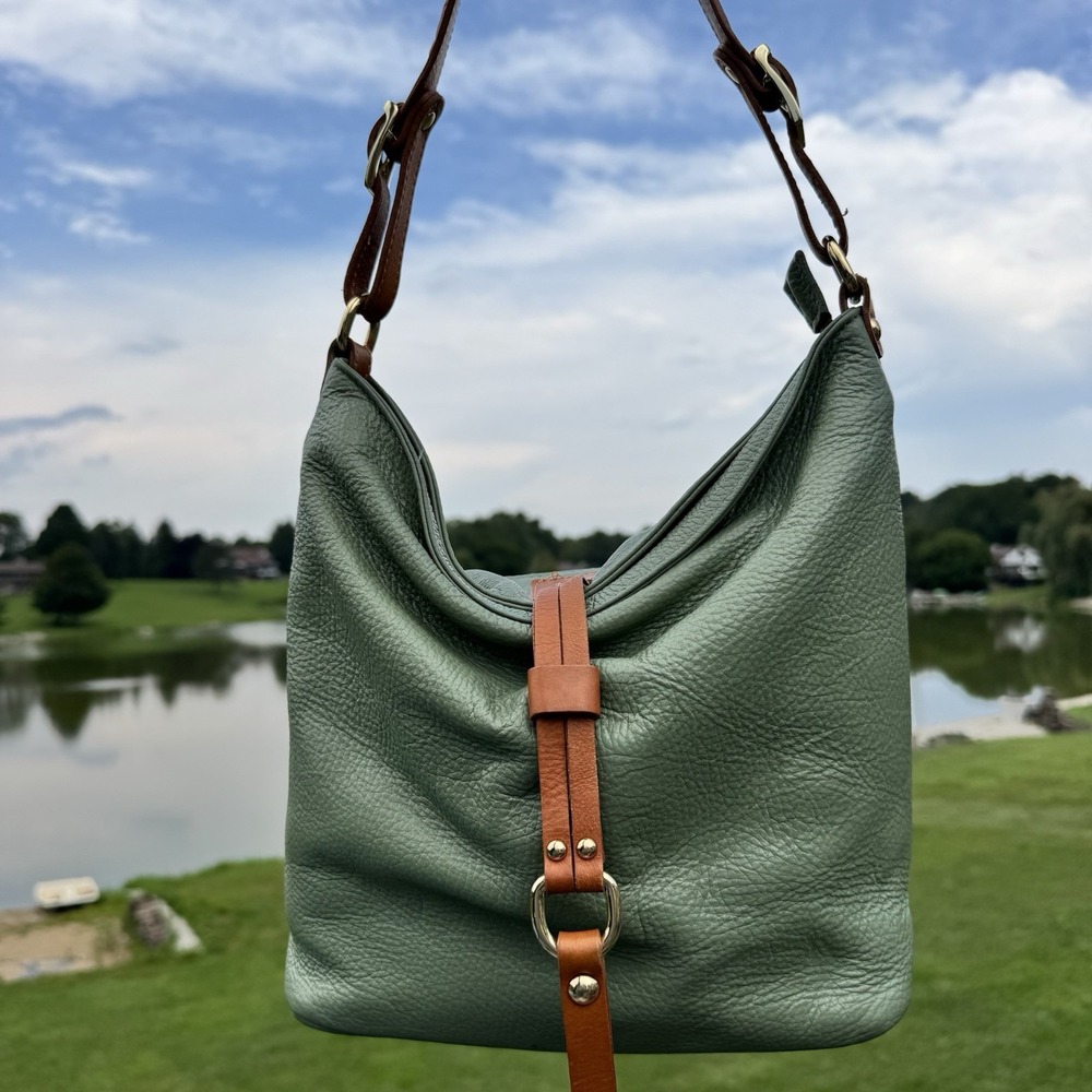 Valentina Sage Green Pebble Brown Leather Shoulder Bag Purse Made in Italy*